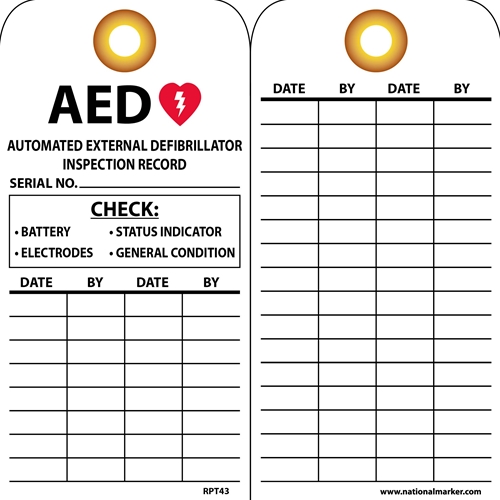 Aed Automated External Defibrillator Inspection Record Tag (RPT43G)