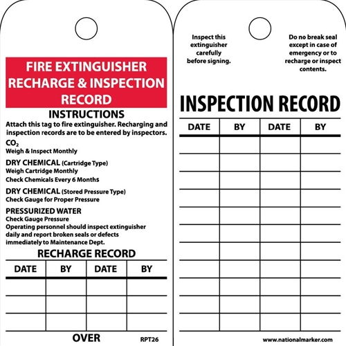 Fire Extinguisher Recharge & Inspection Record Instructions Tag (RPT26ST100)