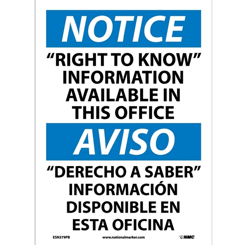 Click here to view larger image Notice "Right To Know" Information Available Sign - Bilingual (ESN379PB)