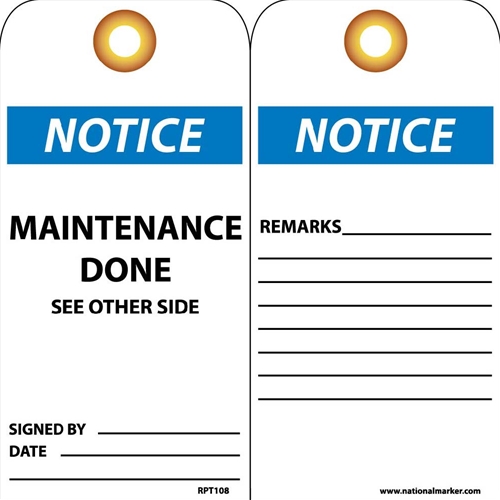 Click here to view larger image Notice Maintenance Done See Other Side Tag (RPT108G)