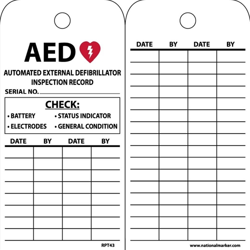 Aed Automated External Defibrillator Inspection Record Tag (RPT43)