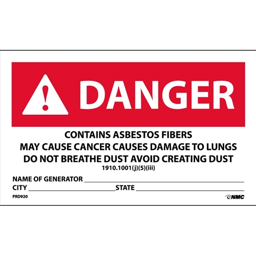 Danger Contains Asbestos Fibers Generator Info Warning Label (PRD920)