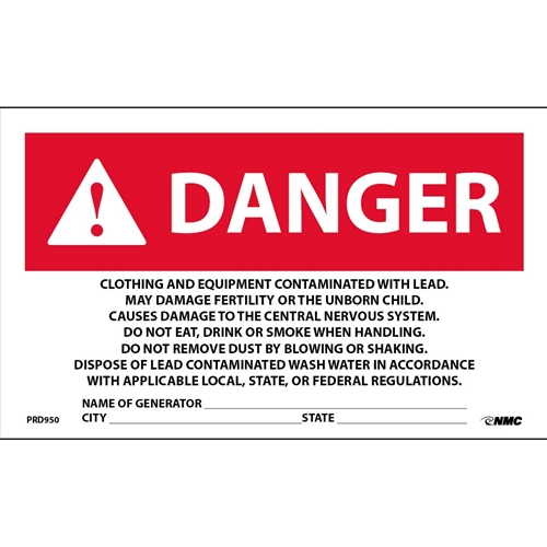 Danger Contaminated With Lead Generator Info Warning Label (PRD950)